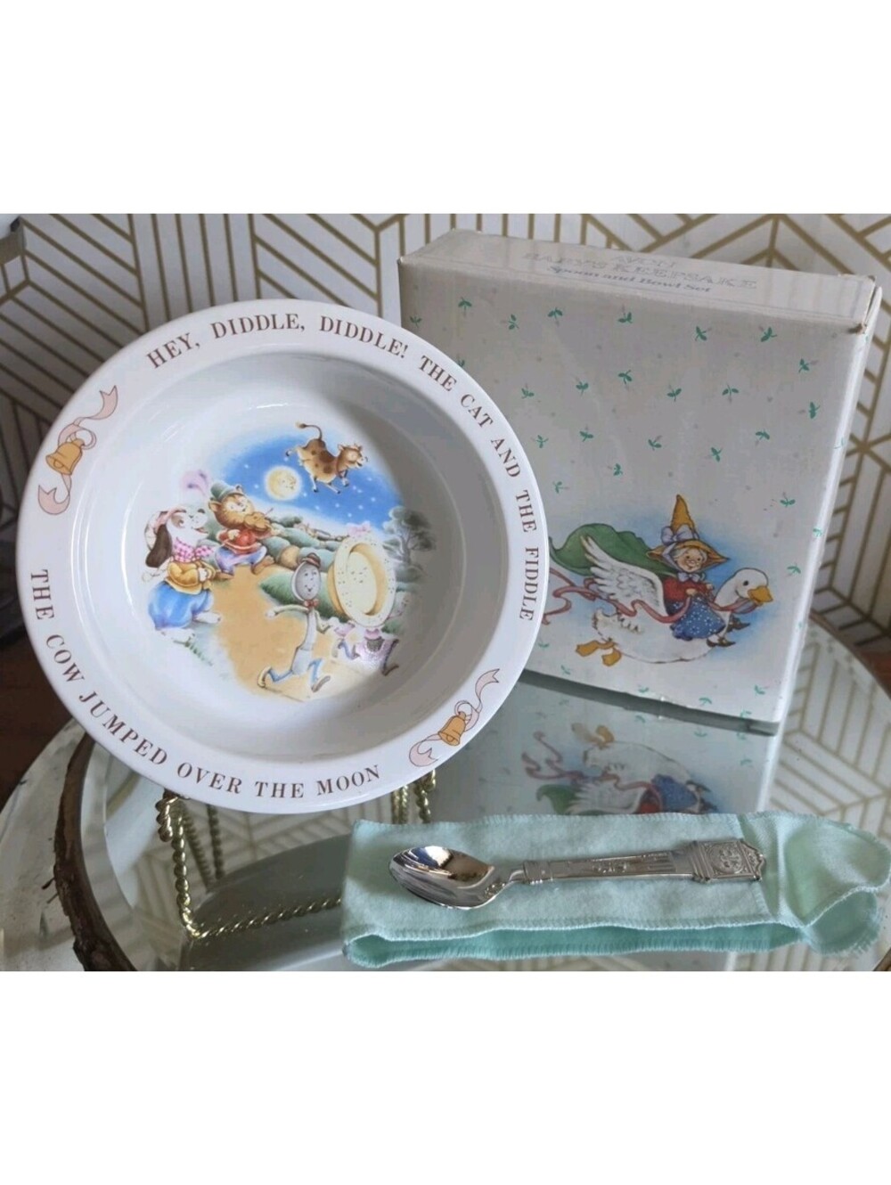 Vintage 1984 Mother Goose Nursery Rhyme Baby Keepsake Spoon Bowl Set Avon Unused